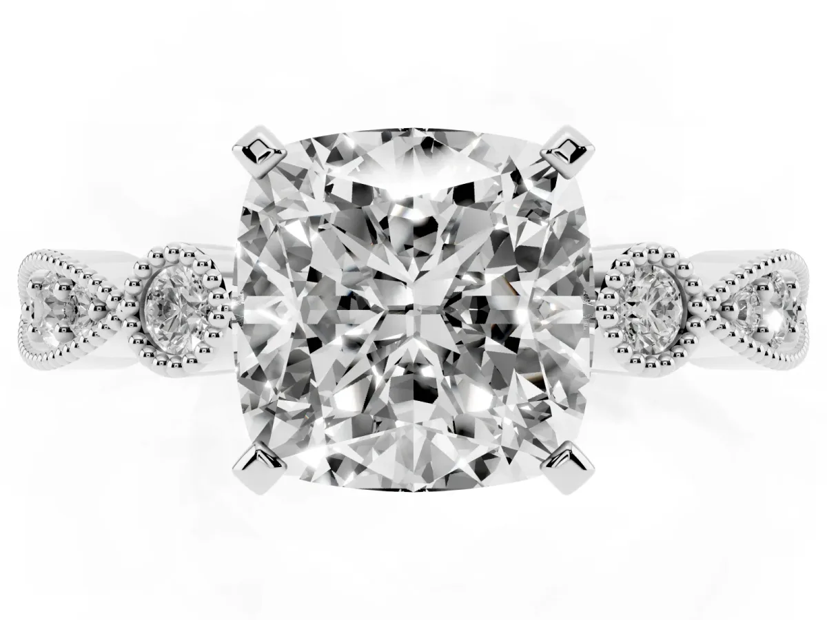 Cushion Cut Milgrain Bezel Diamond Engagement Ring with Solitaire Prong Setting Platinum