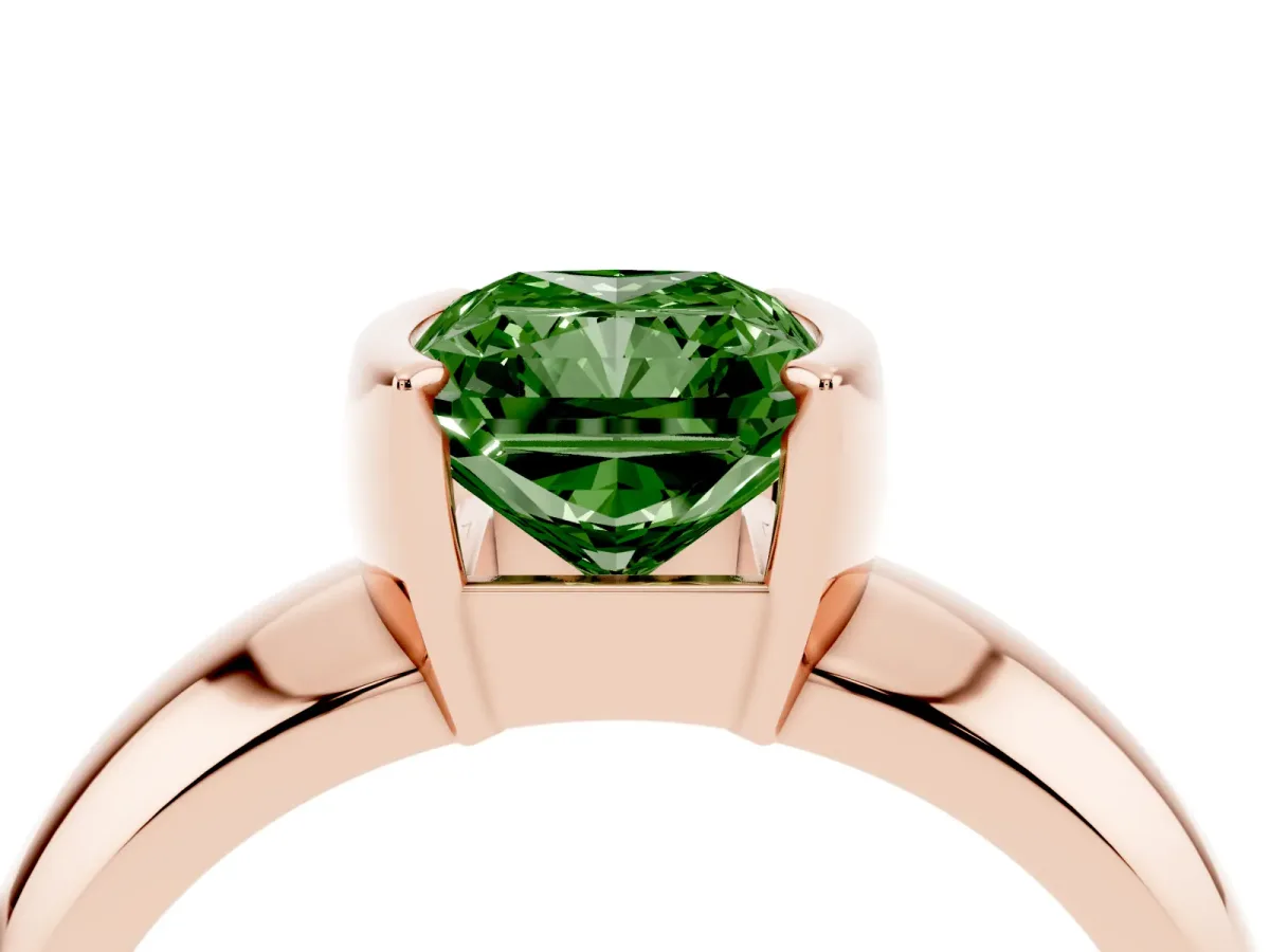 Fancy Green Radiant Cut Solitaire Tension Set Diamond Ring with Wide Band Rose gold