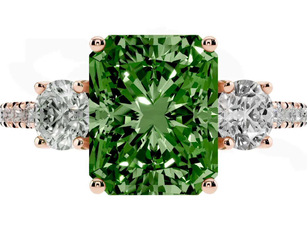 Fancy Green Three-Stone Radiant Cut Cut Diamond Pavé Band with Prong Setting Rose gold