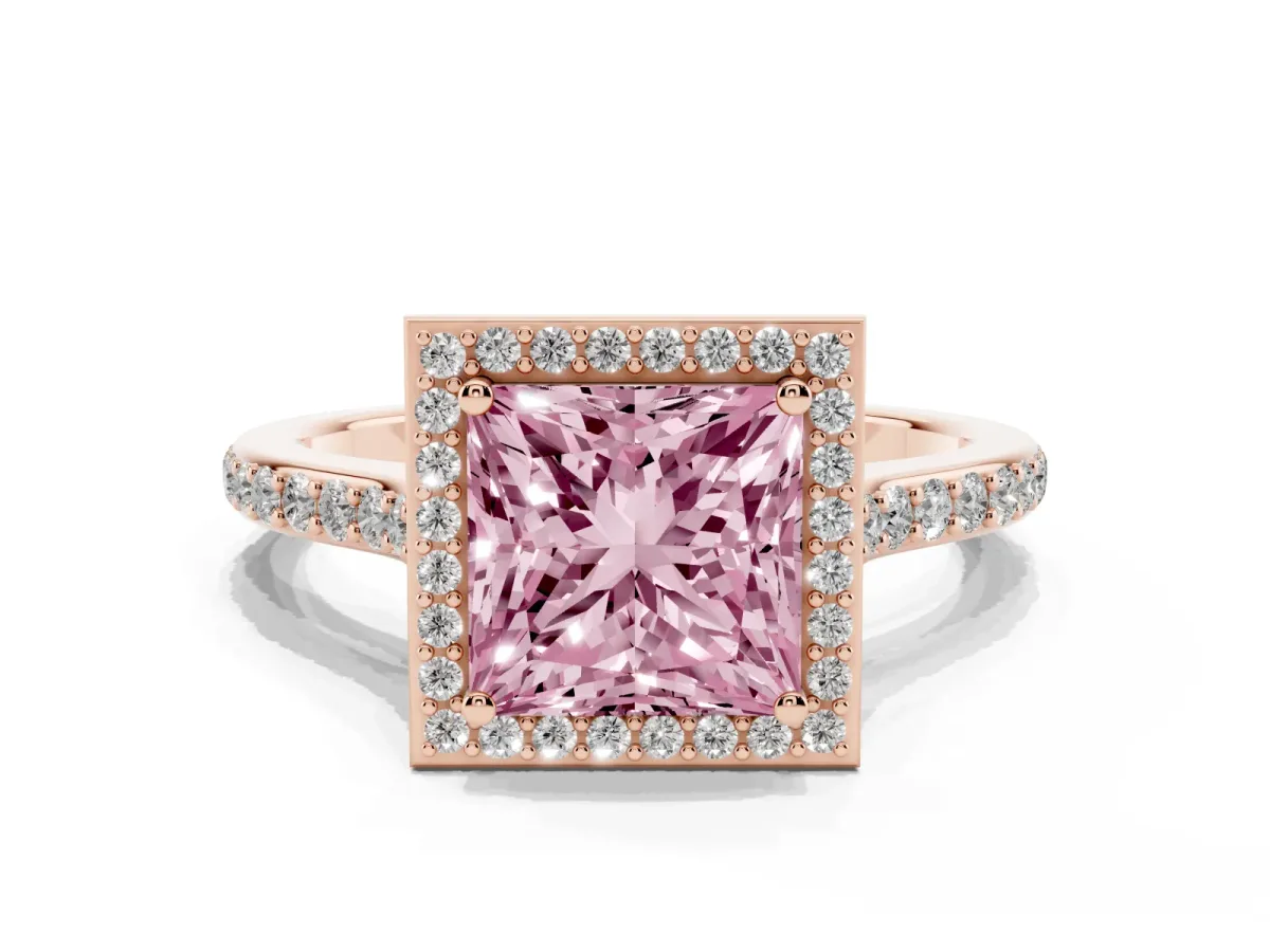Fancy Pink Princess Cut Diamond Halo Engagement Ring with Round Pavé Shoulders and Prong Setting Rose gold