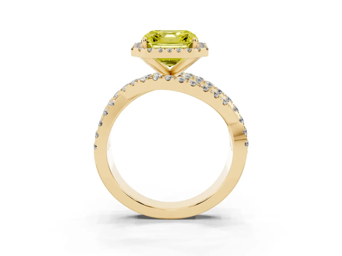 Fancy Yellow Asscher Cut Diamond Halo Ring with Round Split Shank and Prong Setting Yellow gold