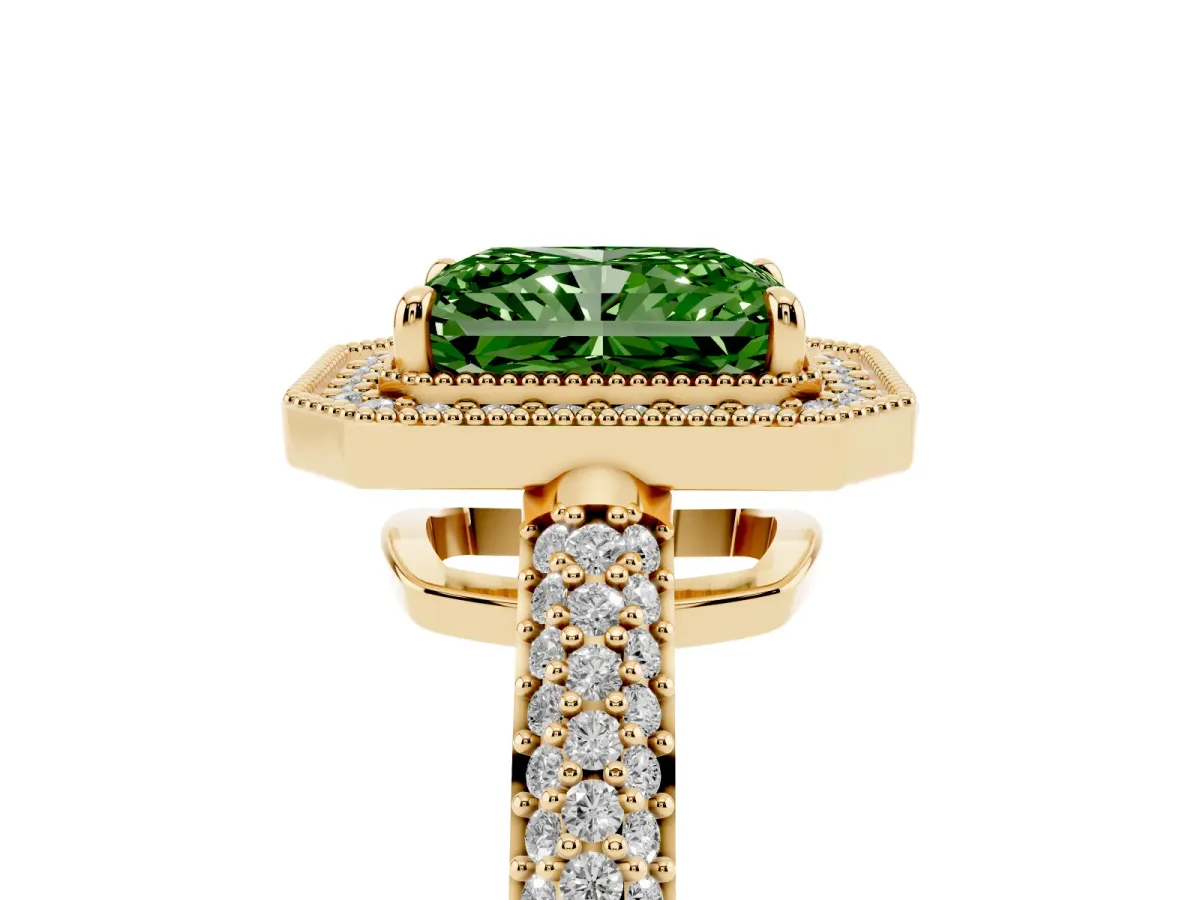 Fancy Green Radiant Cut Cut Halo Diamond Pave Band with Four-Prong Setting Yellow gold