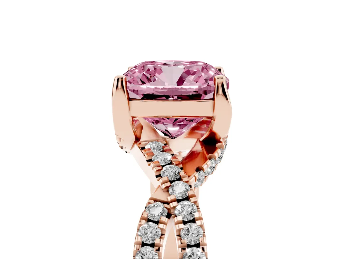 Fancy Pink Cushion Cut Solitaire Twist Pave Diamond Engagement Ring with Prong Setting Rose gold