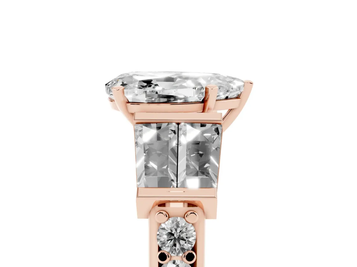 Pear Cut Diamond Engagement Ring with Baguette Side Stones and Channel Set Band Rose gold