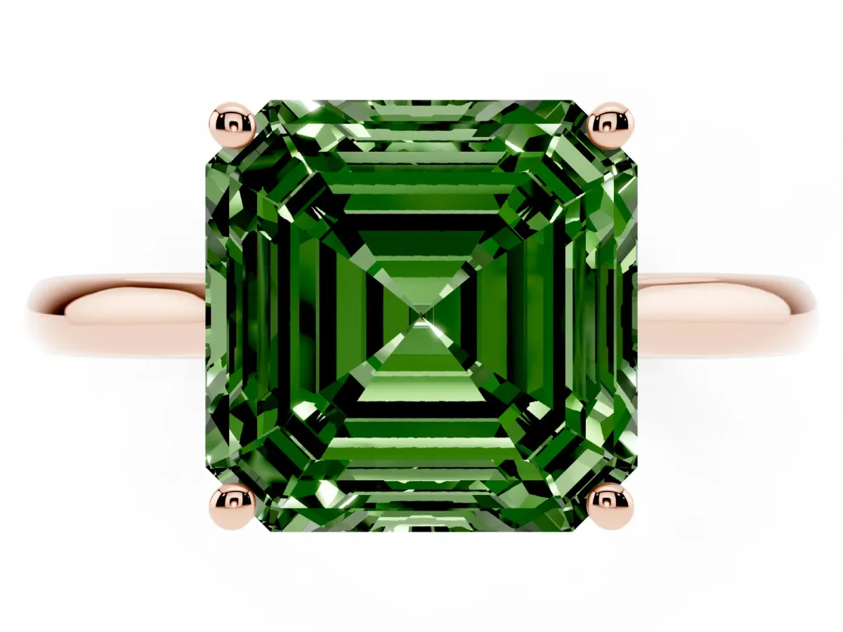 Fancy Green Asscher Cut Cut Solitaire Ring with Cathedral Band and Four-Prong Setting Rose gold