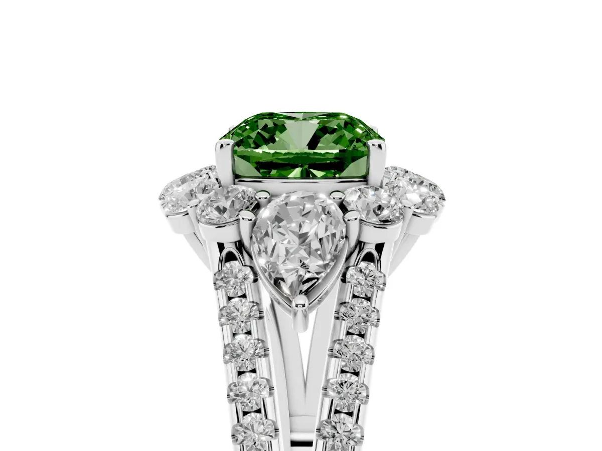 Fancy Green Cushion Cut Halo Split Shank Diamond Engagement Ring with Prong Setting Silver