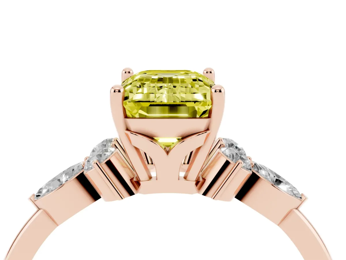 Fancy Yellow Emerald Cut Brilliant Diamond Solitaire Ring with Pear Side Stones and Four-Prong Setting Rose gold