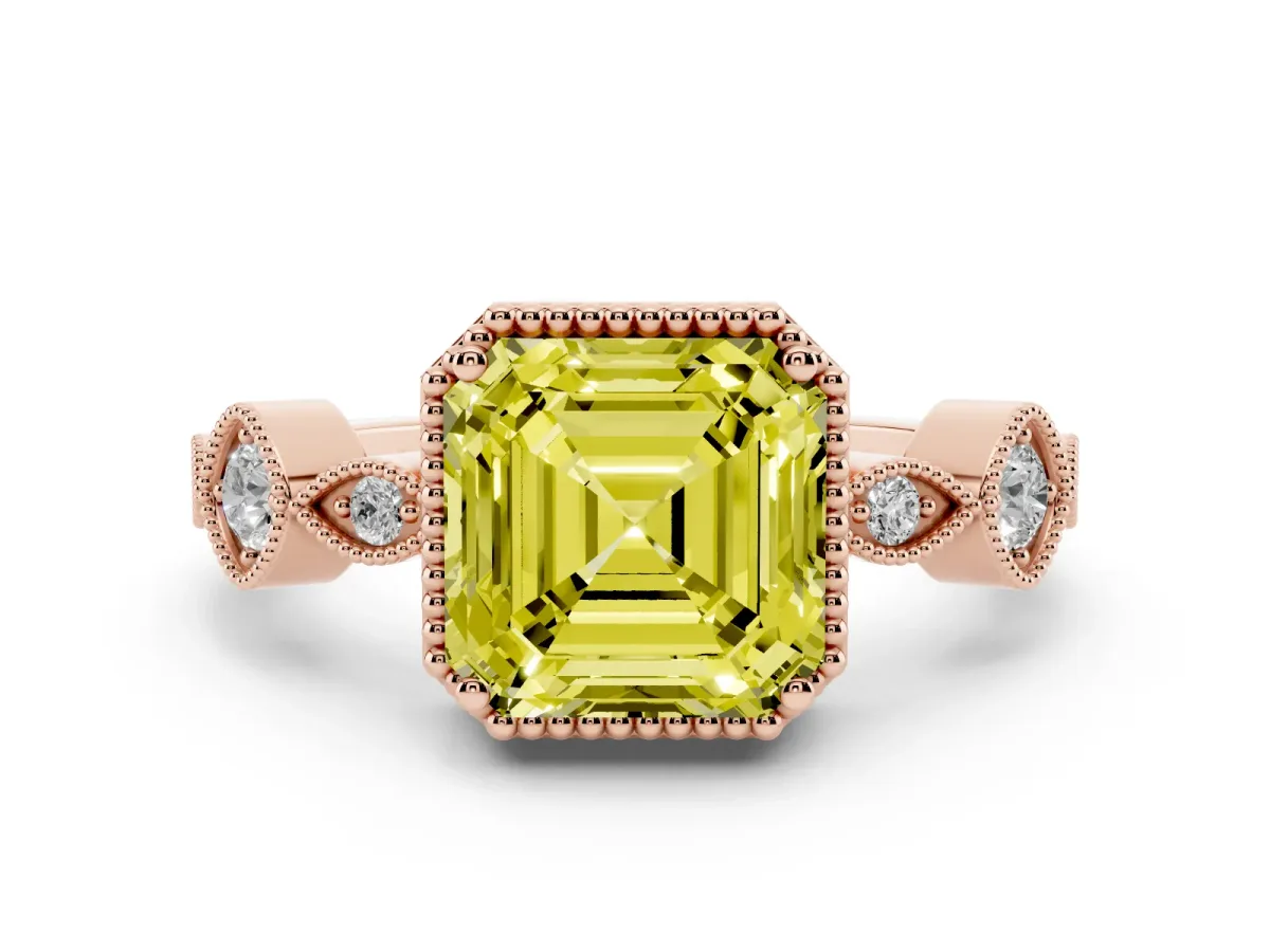 Fancy Yellow Asscher Cut Diamond Vintage Milgrain Ring with Round Stations Rose gold
