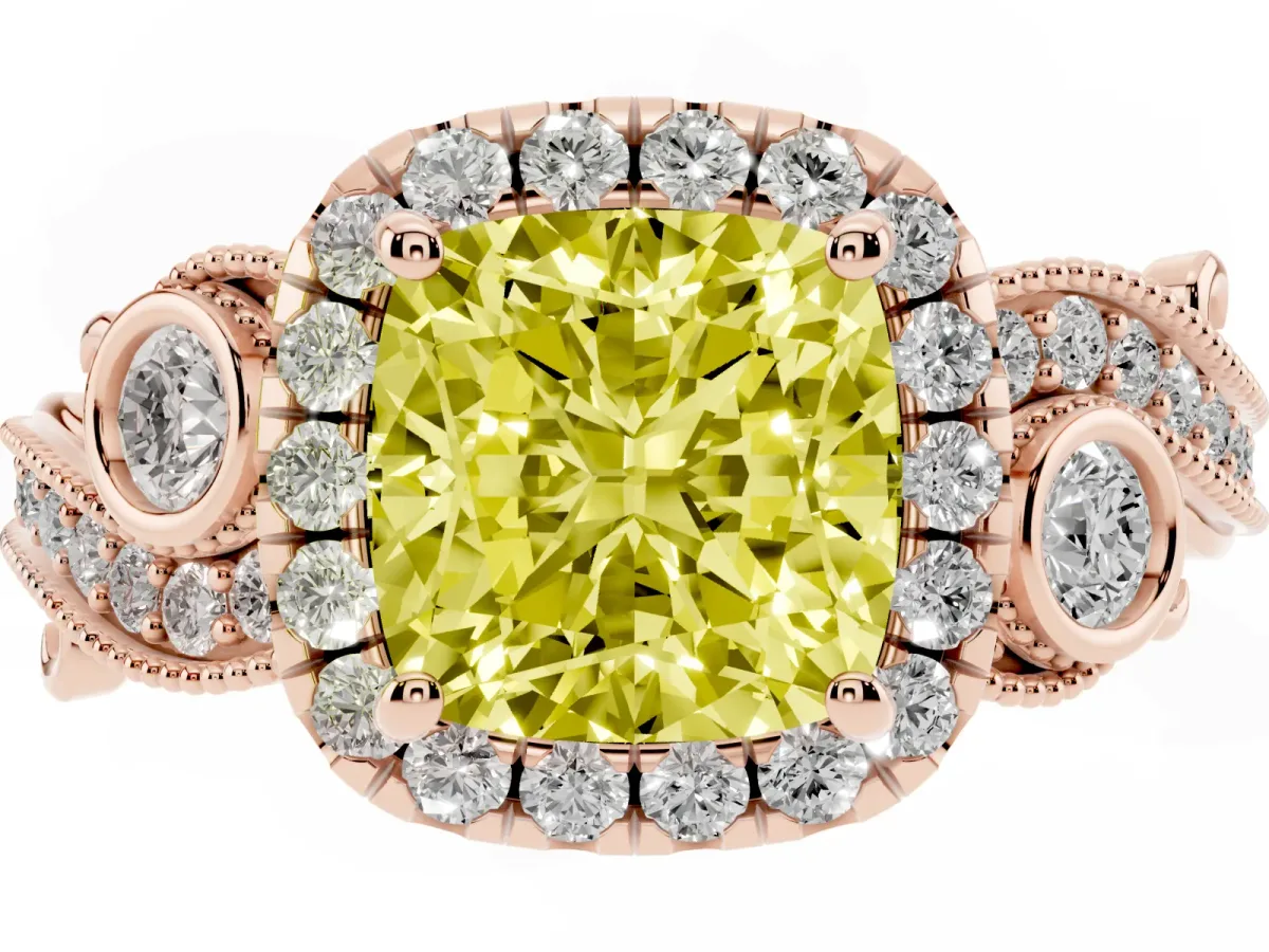 Fancy Yellow Cushion Cut Halo Diamond Ring with Milgrain and Bezel Accents on a Split Shank Band Rose gold