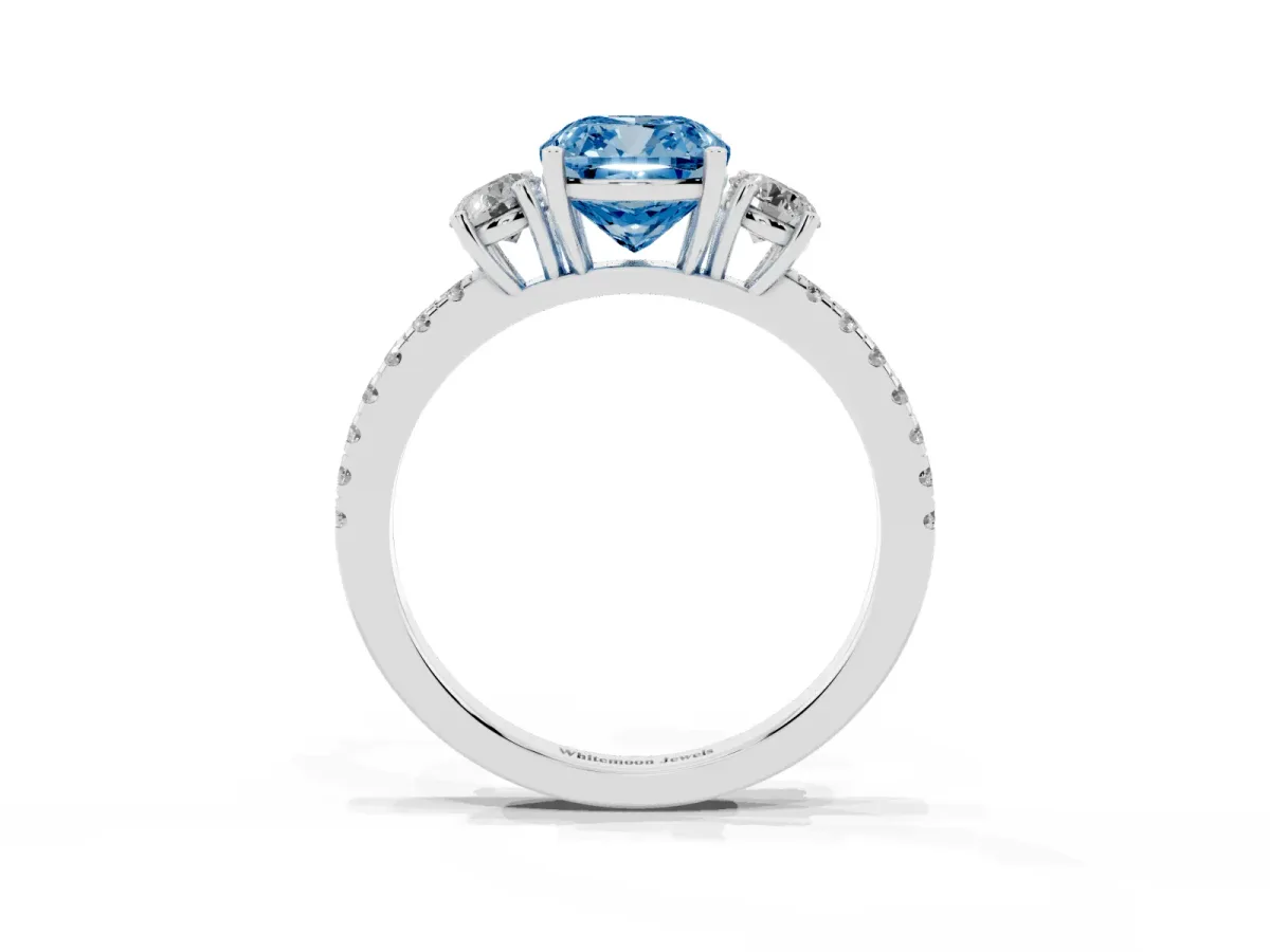 Fancy Blue Three-Stone Cushion Cut Cut Diamond Pavé Band with Prong Setting Platinum