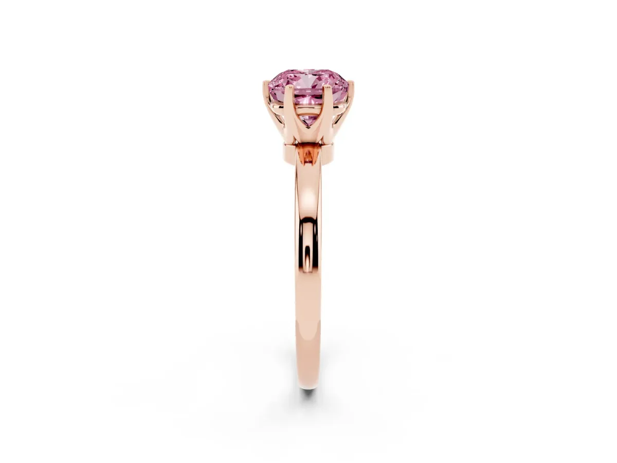 Fancy Pink Cushion Cut Solitaire Diamond Ring with Six-Prong Setting on a Classic Band Rose gold