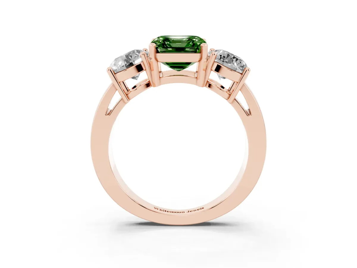 Fancy Green Three-Stone Asscher Cut Diamond Ring with Round Side Stones, Classic Band, and Four-Prong Setting Rose gold
