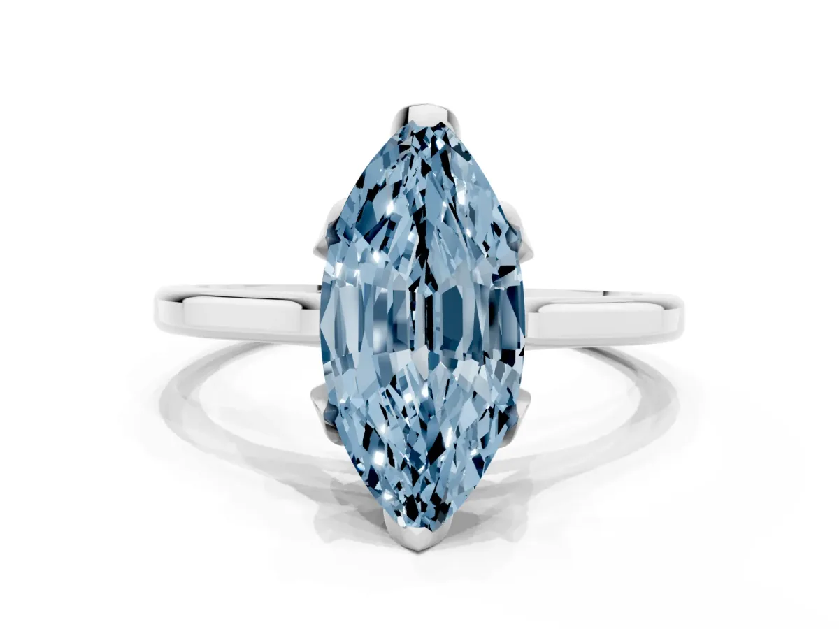 Fancy Blue Marquise Cut Diamond Solitaire Ring with Flower Prong Setting and Classic Band Silver