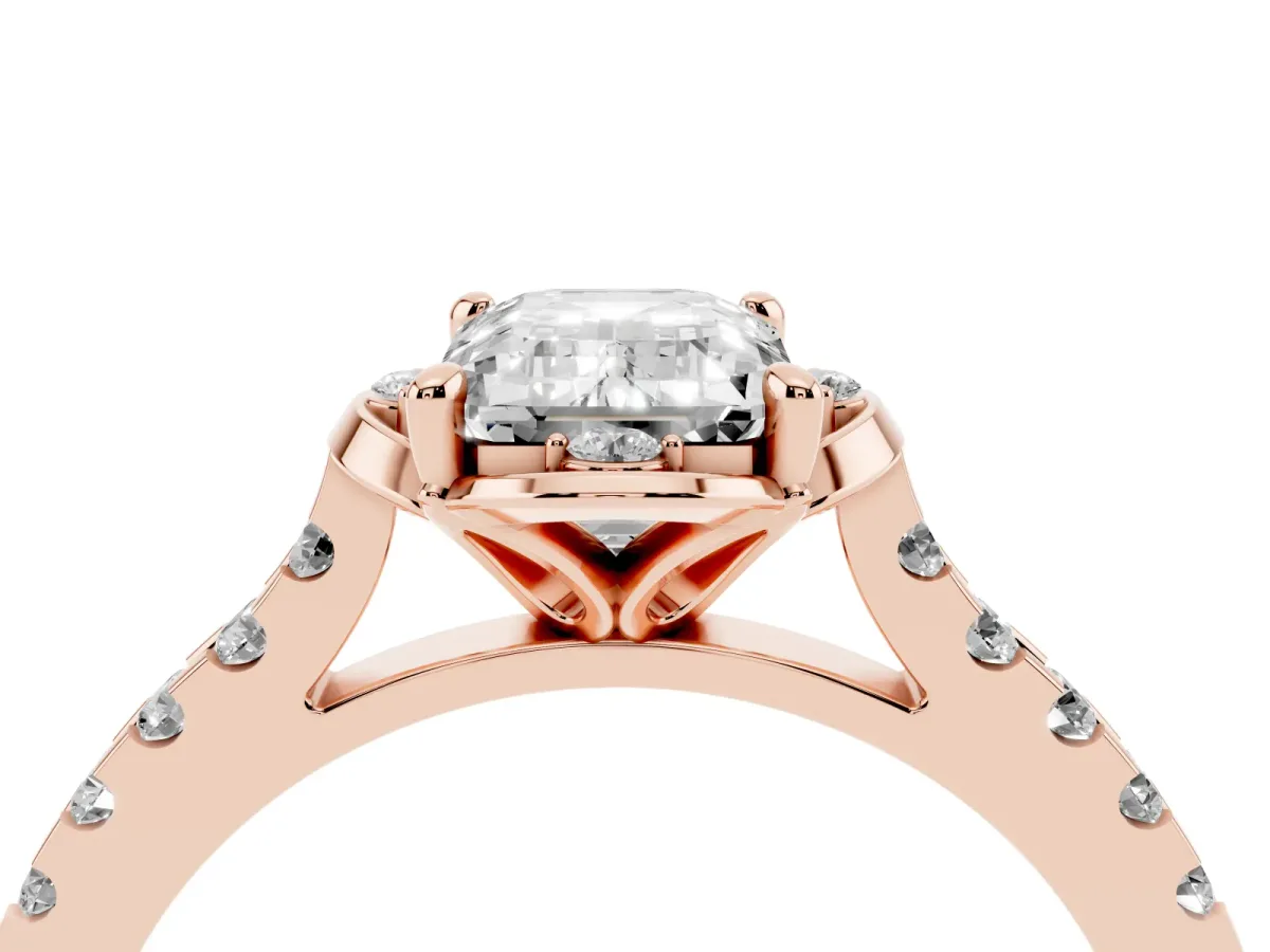 Emerald Cut Diamond Ring with Pavé Band and Floral Prong Setting Rose gold