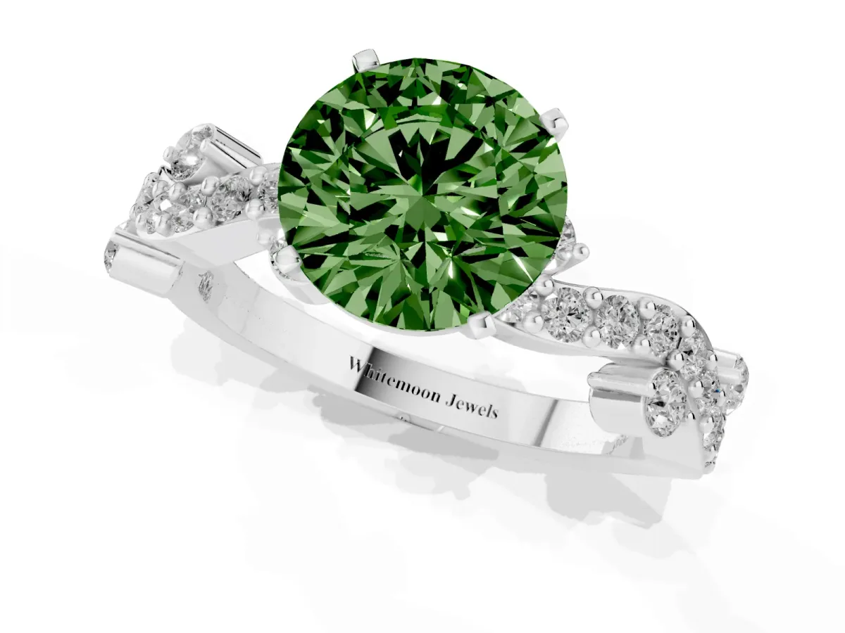 Fancy Green Round Cut Cut Solitaire Diamond Twisted Band with Pave Setting Silver