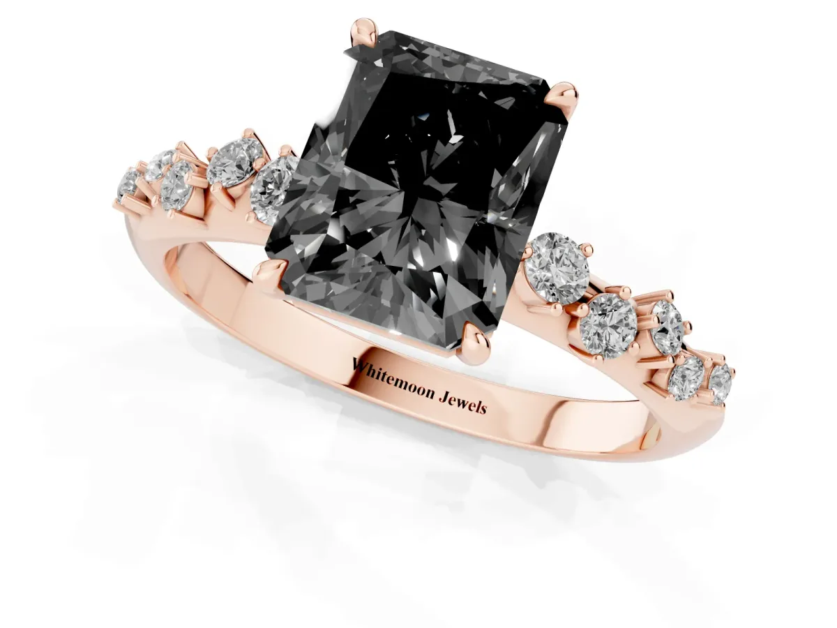 Fancy Black Radiant Cut Diamond Cluster Side Stone Solitaire Ring with Prong Setting Rose gold