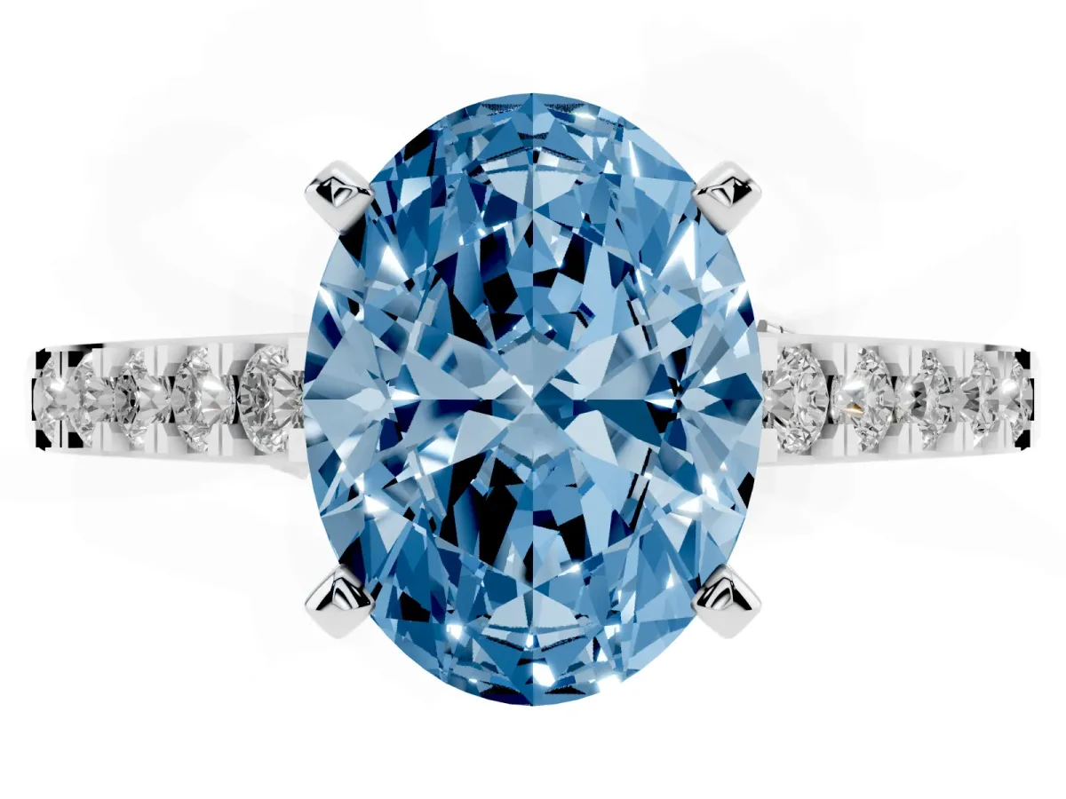 Fancy Blue Oval Cut Diamond Solitaire Ring with Crossover Gallery and Round Pavé Band Silver