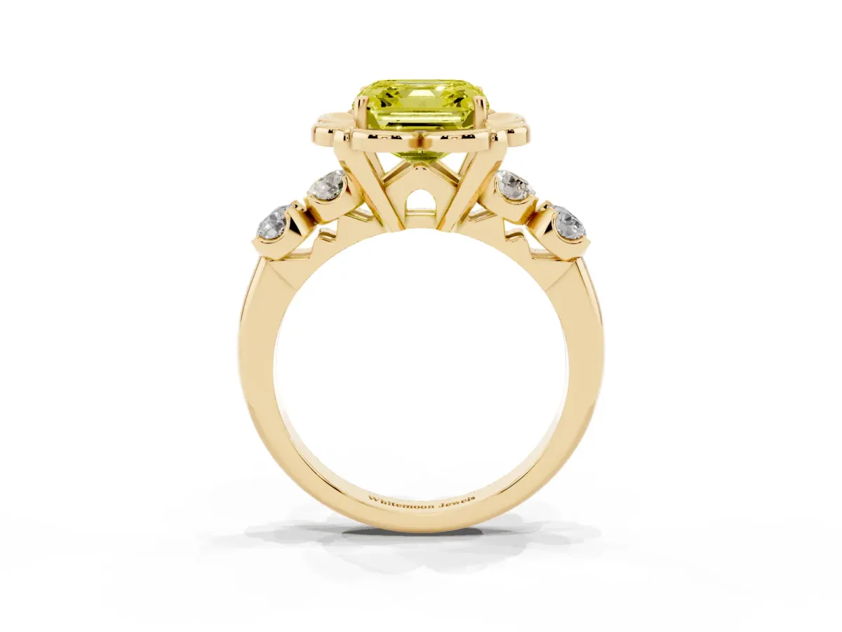 Fancy Yellow Asscher Cut Cut Diamond Floral Halo Engagement Ring with Shared Prong Setting Yellow gold