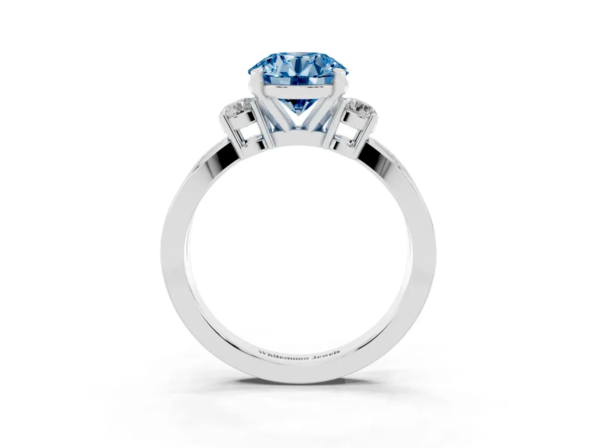Fancy Blue Three-Stone Round Cut Cut Diamond Twist Band with Prong Setting Silver