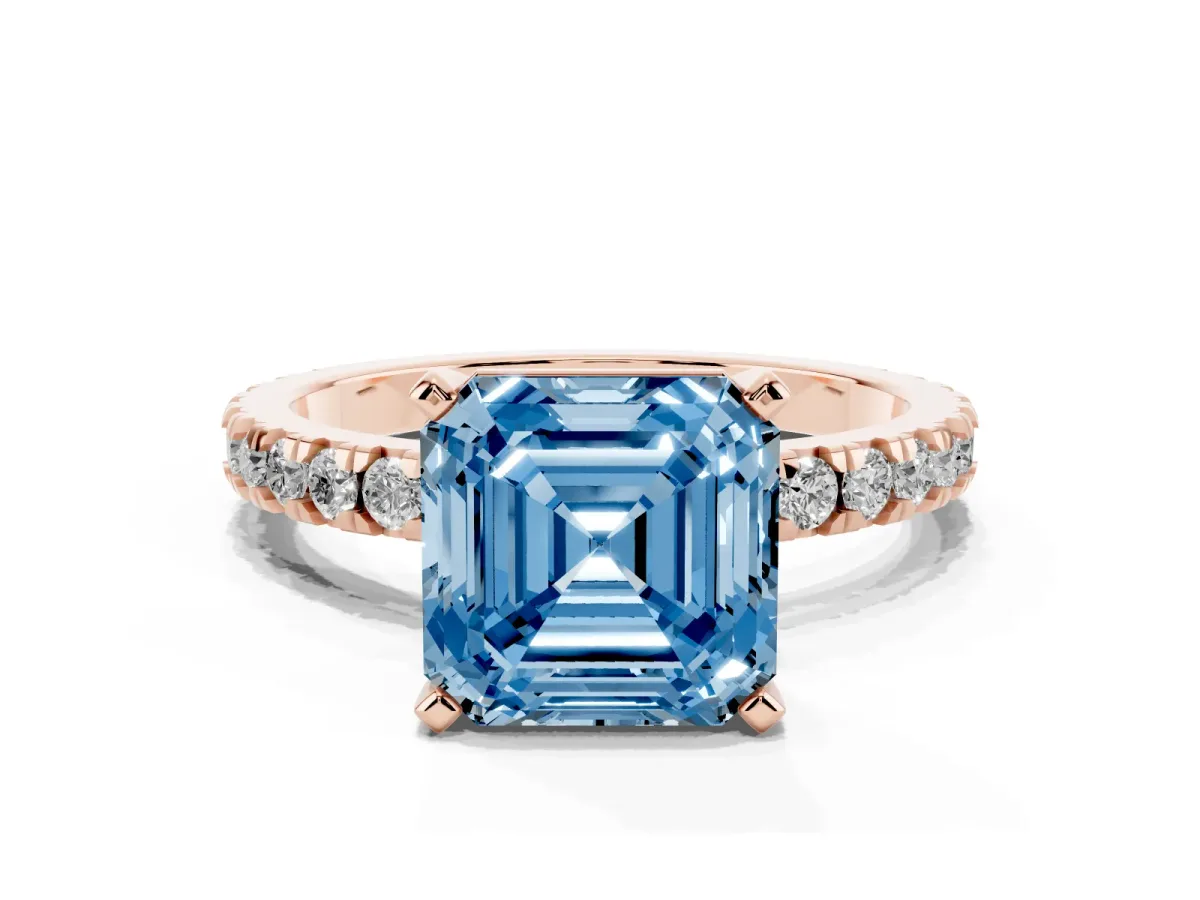 Fancy Blue Asscher Cut Diamond Pavé Band Solitaire with Four-Prong Setting Rose gold