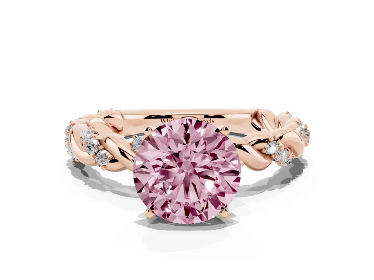 Fancy Pink Round Cut Diamond Solitaire Ring with Twisted Band and Pavé Accents Rose gold