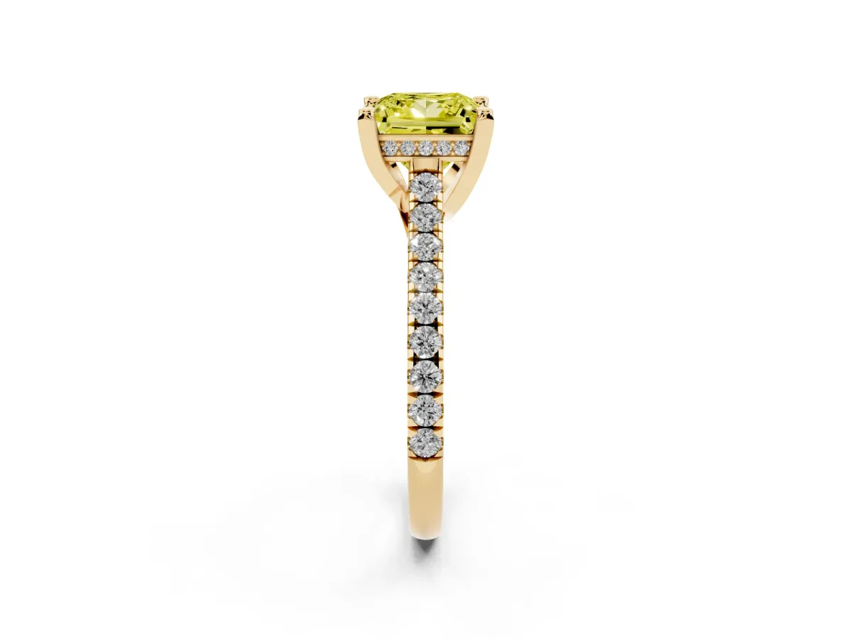 Fancy Yellow Princess Cut Brilliant Diamond Solitaire with Pavé Band and Four-Prong Setting Yellow gold
