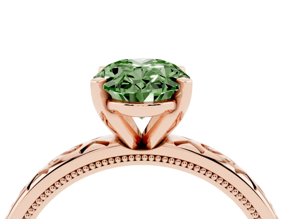 Fancy Green Oval Cut Solitaire Engagement Ring with Scrollwork Band and Four-Prong Setting Rose gold