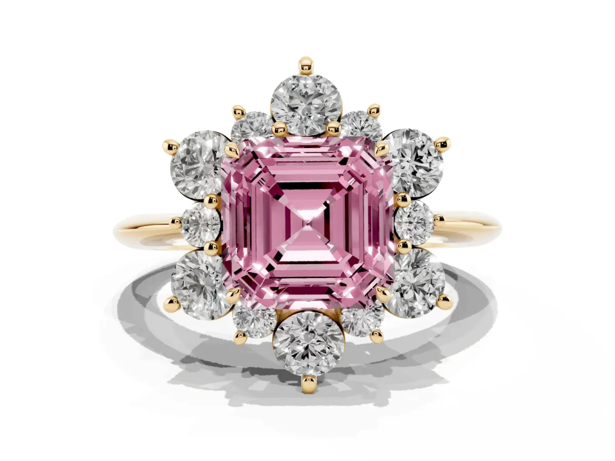 Fancy Pink Asscher Cut Diamond Cluster Halo Ring with Solitaire Band and Four-Prong Setting Yellow gold