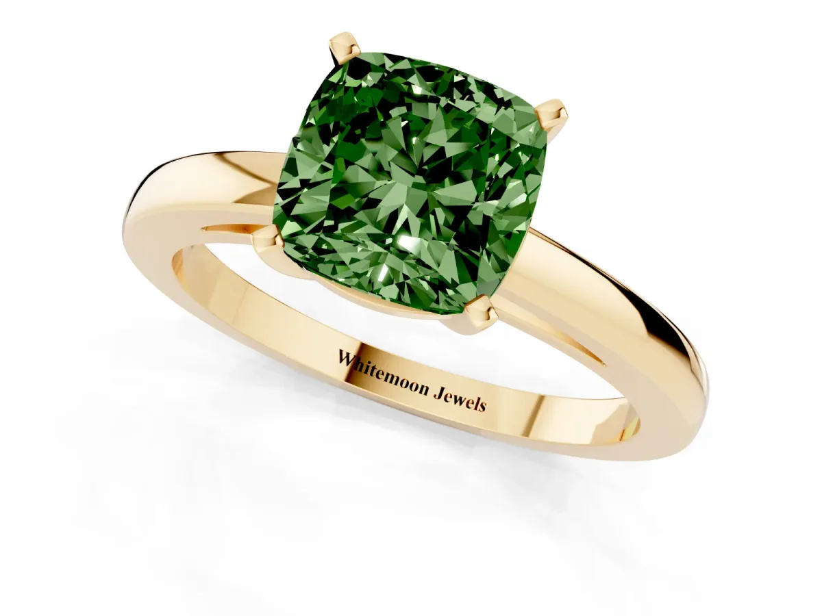 Fancy Green Cushion Cut Solitaire Diamond Engagement Ring with Four-Prong Setting on a Classic Band Yellow gold