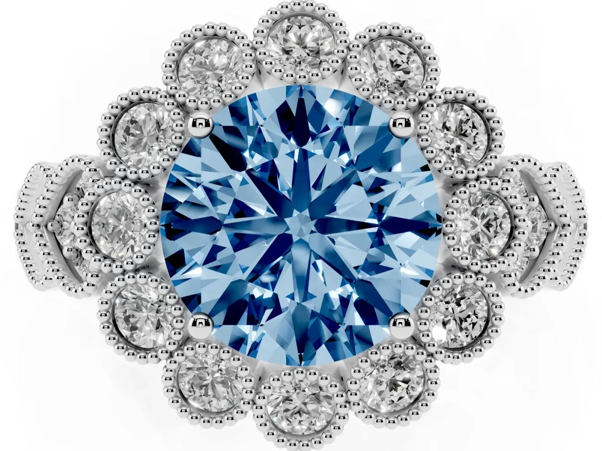 Fancy Blue Round Cut Brilliant Milgrain Pave Heart Band Solitaire Ring Silver