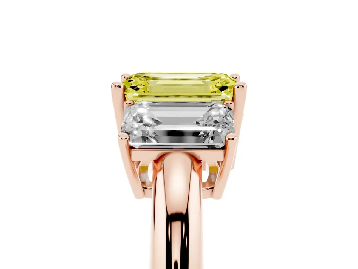 Fancy Yellow Three-Stone Emerald Cut Cut Diamond Engagement Ring with Prong Setting on a White Gold Band Rose gold