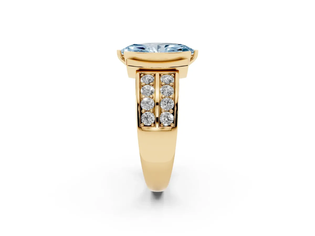 Fancy Blue Marquise Cut Brilliant Diamond Channel Set Wide Band Ring with Bezel Setting Yellow gold