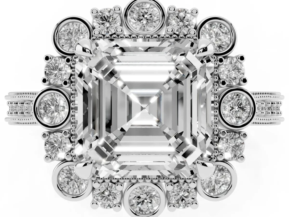 Asscher Cut Halo Milgrain Pave Diamond Ring with Four-Prong Setting Silver