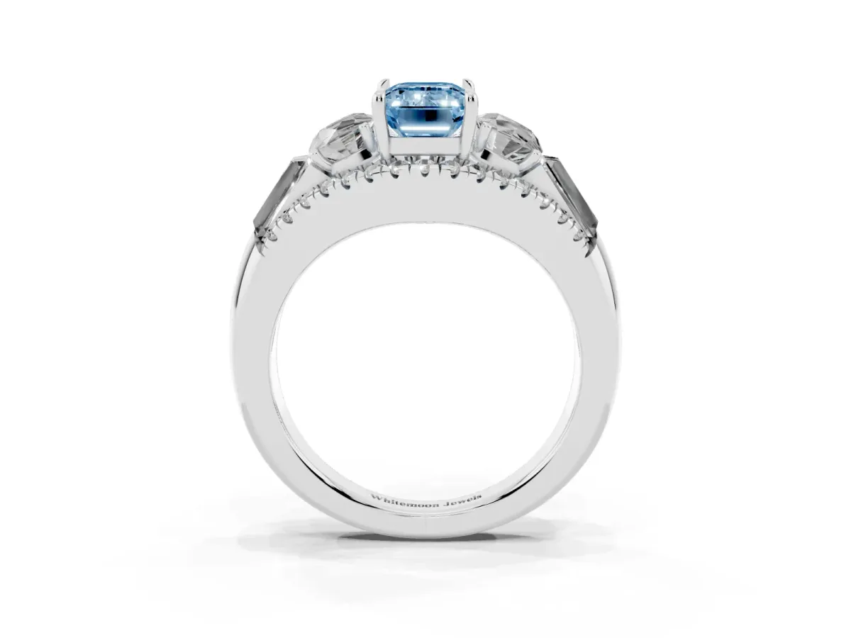 Fancy Blue Three-Stone Emerald Cut Diamond Engagement Ring with Pave Band and Prong Setting Silver