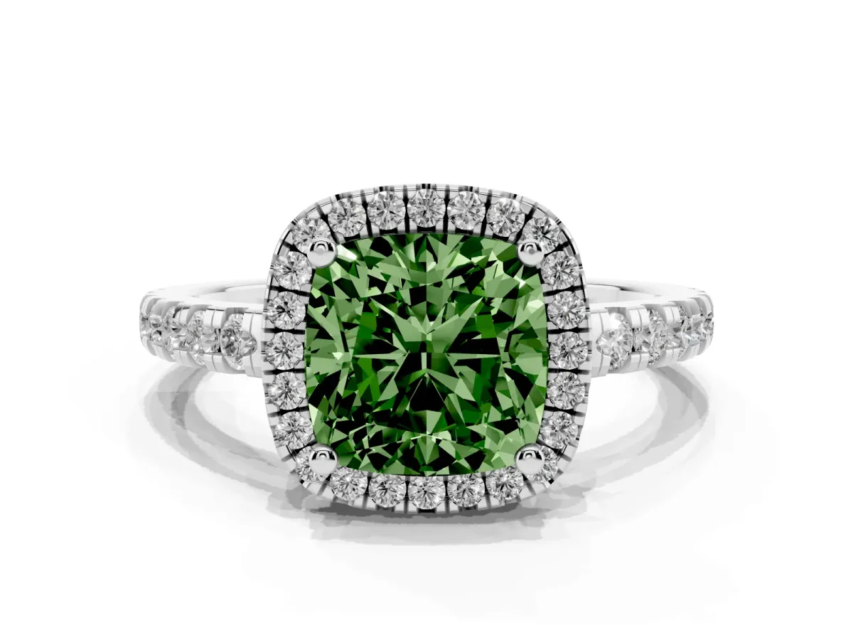 Fancy Green Cushion Cut Diamond Halo Ring with Pavé Band and Four-Prong Setting Platinum
