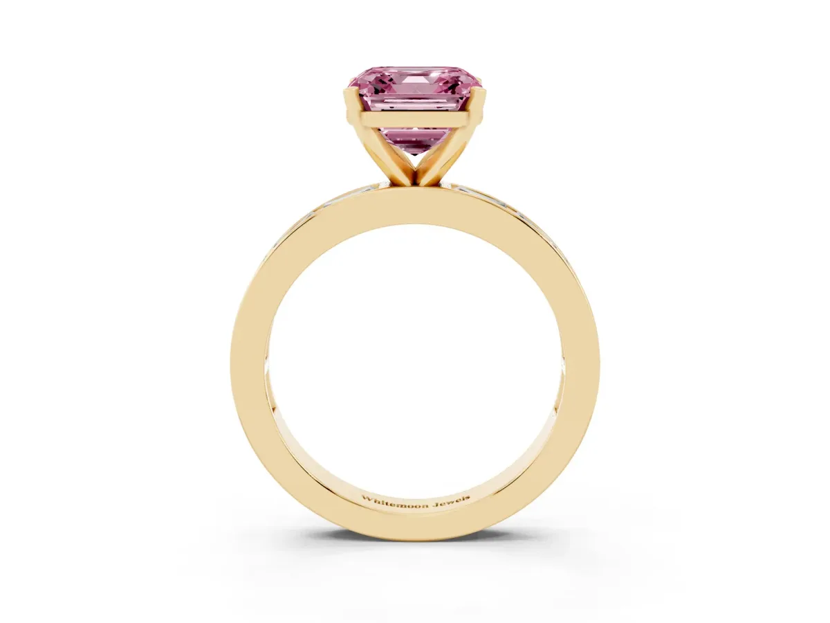 Fancy Pink Asscher Cut Solitaire Diamond Ring with Channel-Set Baguette Band and Four-Prong Setting Yellow gold