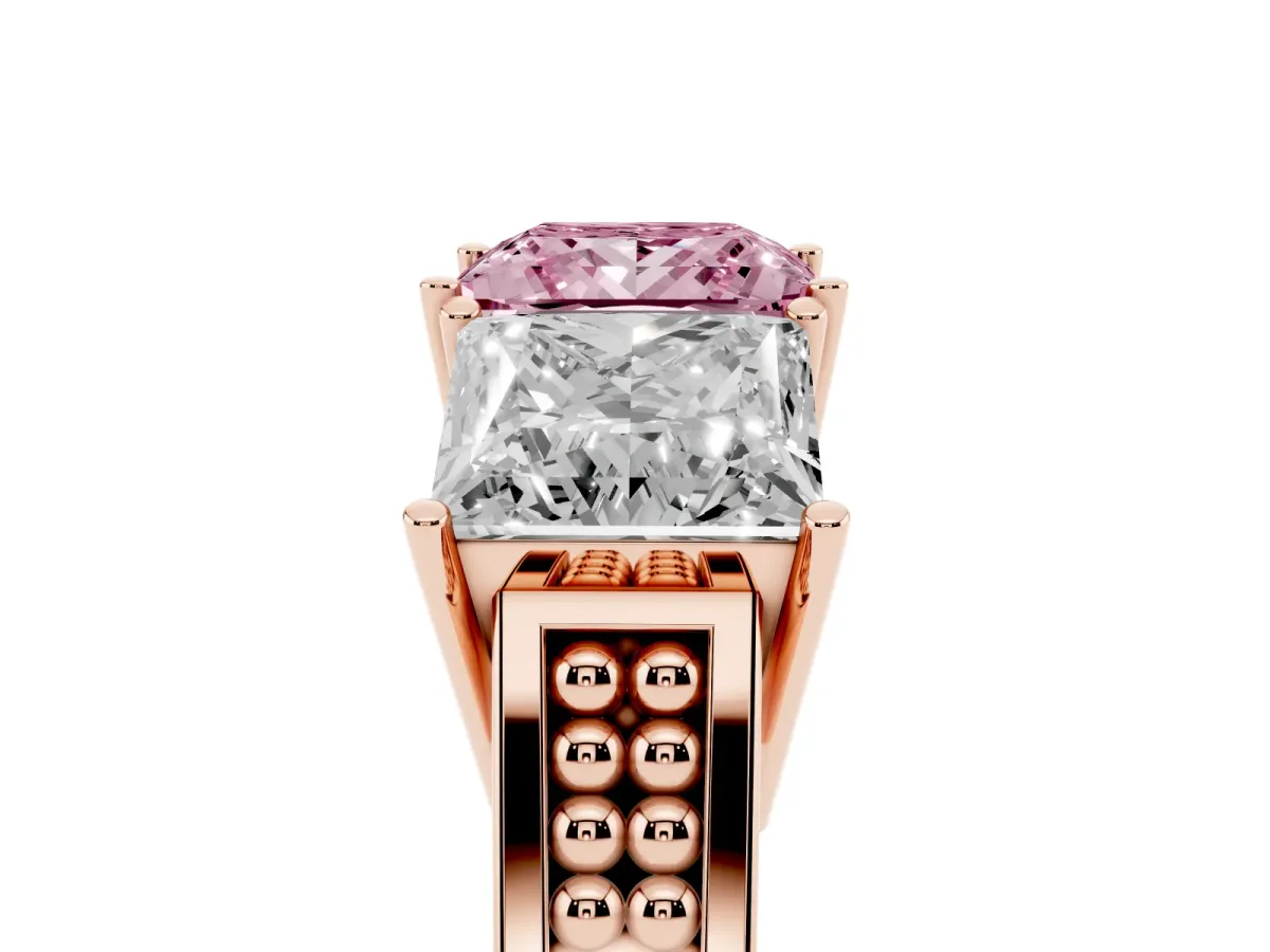 Fancy Pink Princess Cut Diamond Three-Stone Ring with Prong Setting and Textured Band Rose gold