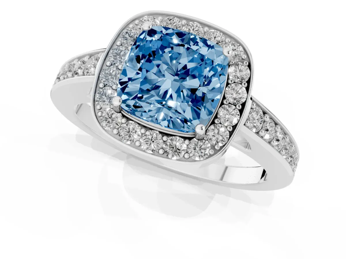 Fancy Blue Cushion Cut Halo Pavé Diamond Engagement Ring with Bezel Setting Platinum