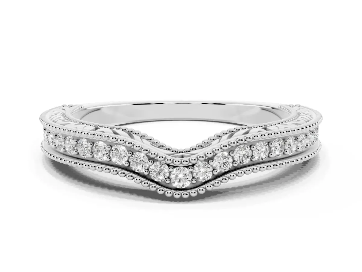 Pave Round Diamond Curved Milgrain Band Silver