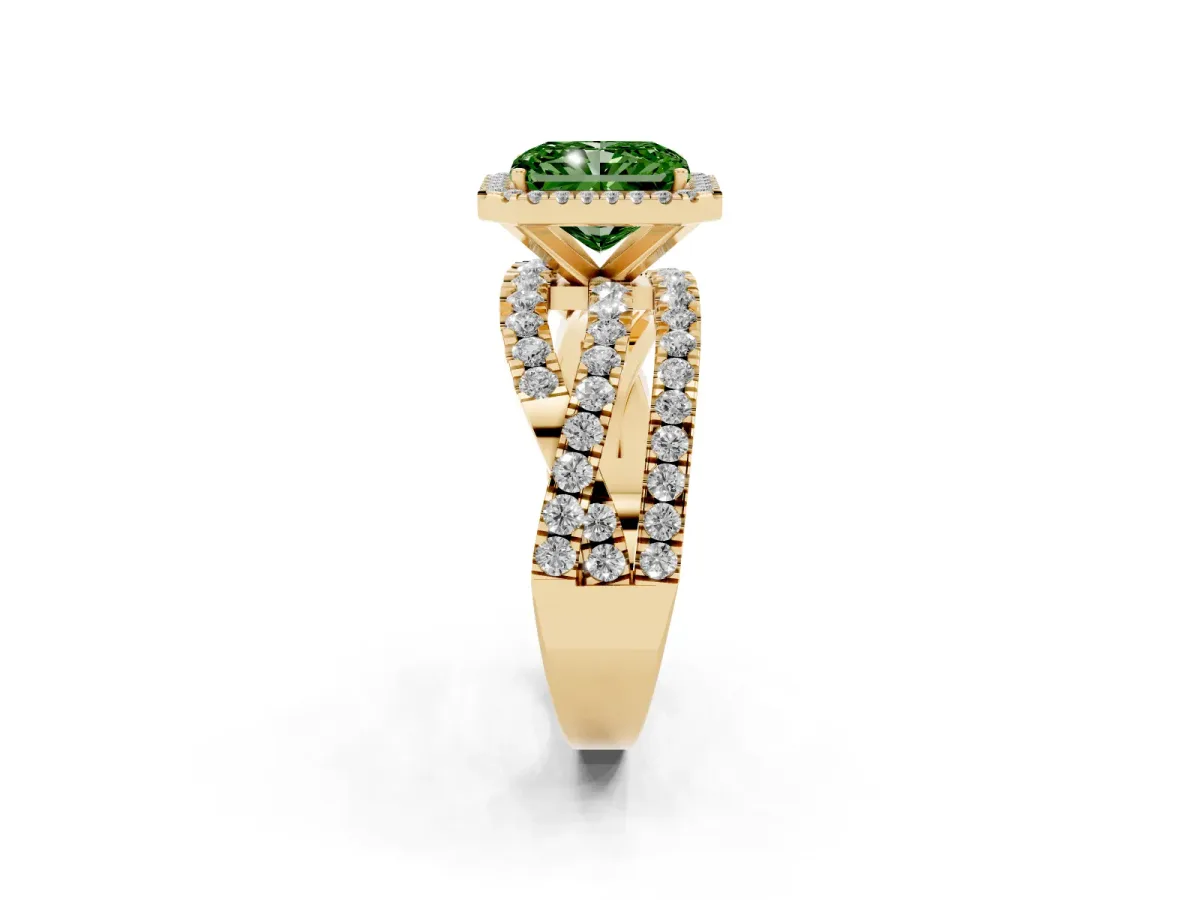 Fancy Green Radiant Cut Diamond Halo Ring with Round Split Shank and Prong Setting Yellow gold