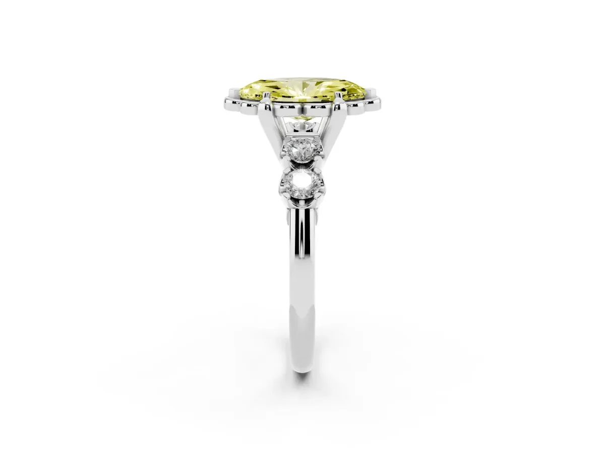 Fancy Yellow Marquise Cut Cut Diamond Floral Halo Engagement Ring with Shared Prong Setting White gold