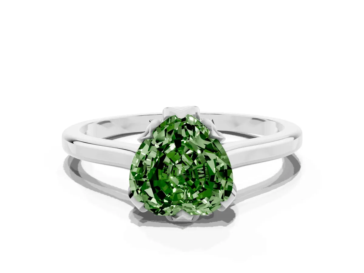 Fancy Green Heart Cut Diamond Solitaire Ring with Flower Prong Setting and Classic Band Platinum