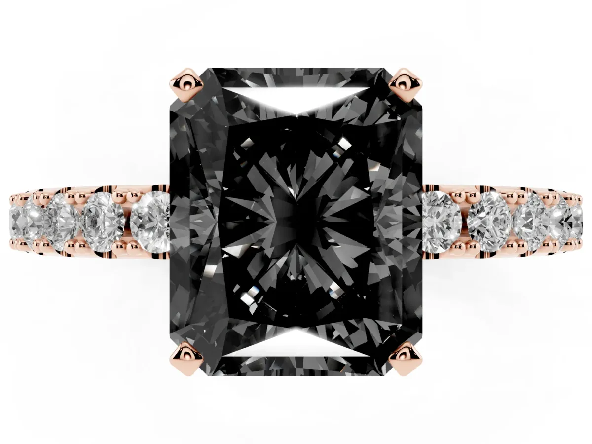 Fancy Black Radiant Cut Diamond Solitaire Pavé Band with Four-Prong Setting Rose gold