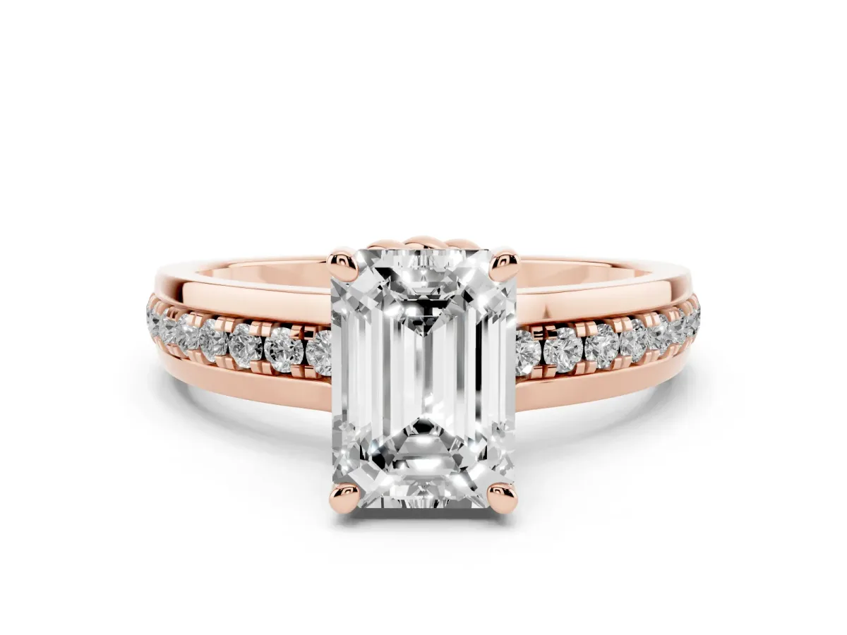 Emerald Cut Solitaire Diamond Ring with Channel Set Band and Six-Prong Setting Rose gold