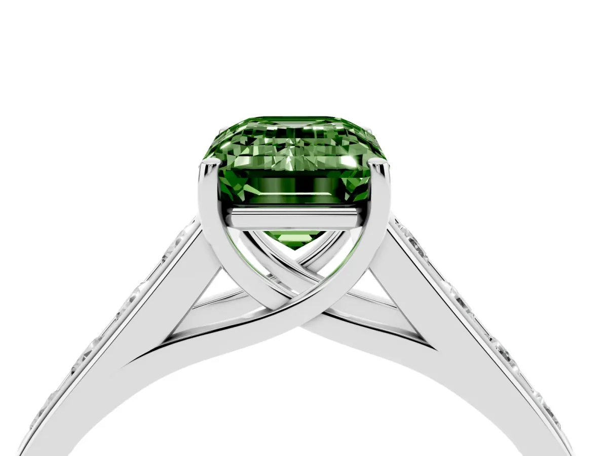 Fancy Green Emerald Cut Solitaire Channel-Set Diamond Engagement Ring with Four-Prong Setting Silver