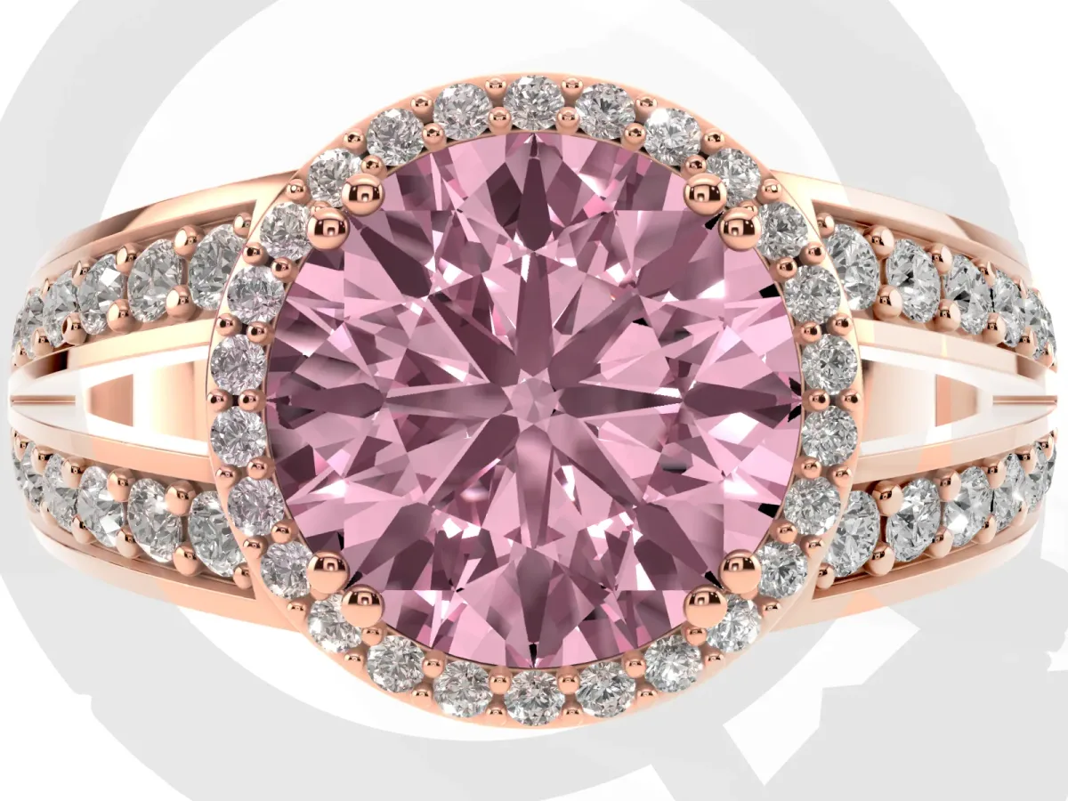 Fancy Pink Round Cut Diamond Halo Ring with Split Shank Pavé Band and Four-Prong Setting Rose gold