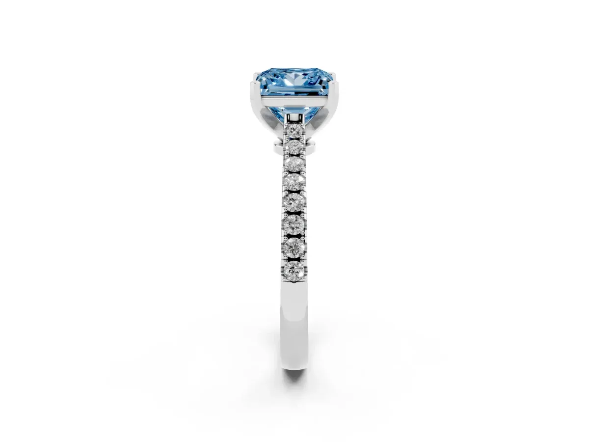 Fancy Blue Princess Cut Cut Solitaire Diamond Engagement Ring with Pave Band and Four-Prong Setting White gold