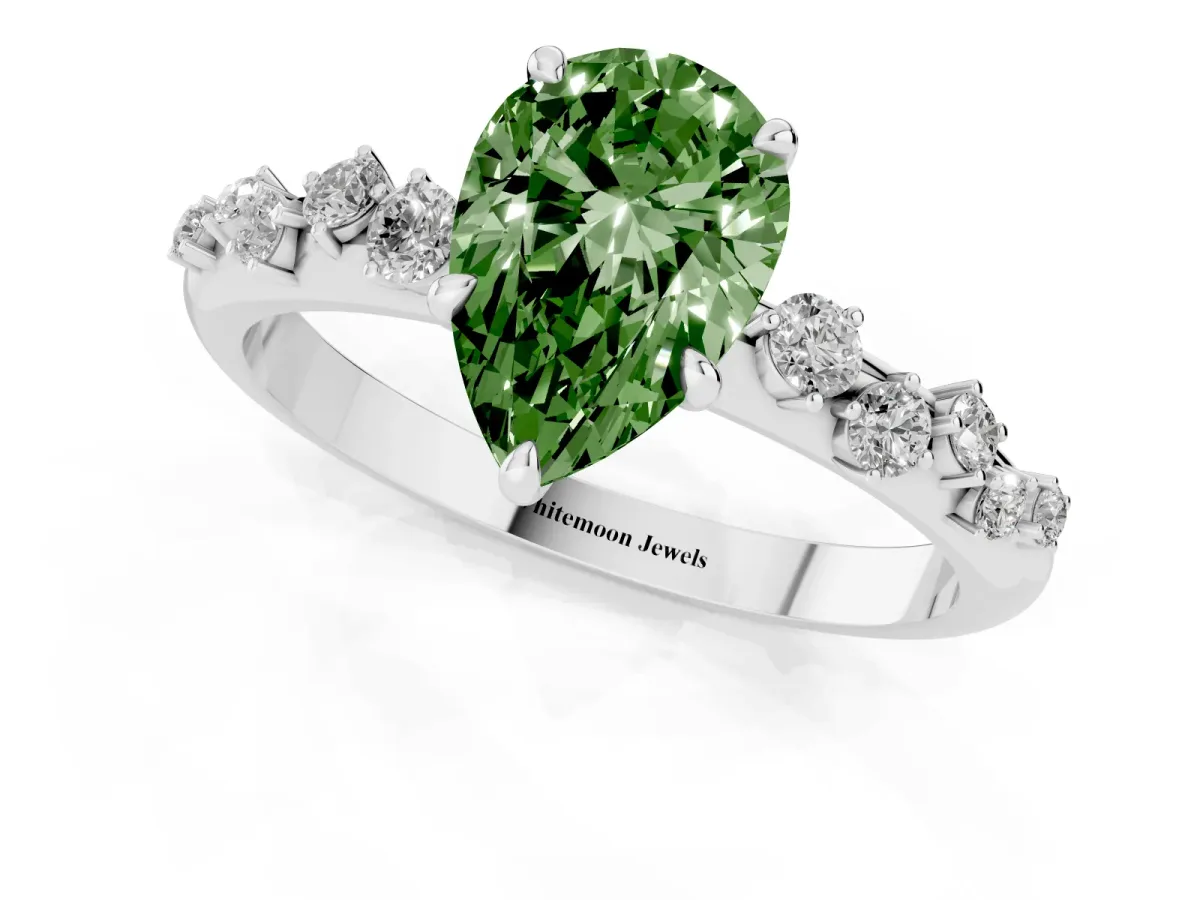 Fancy Green Pear Cut Diamond Cluster Prong-Set Solitaire Ring White gold