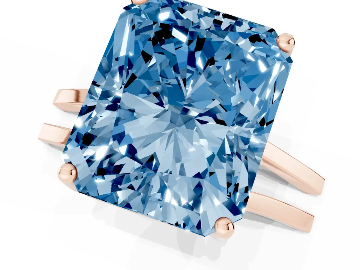 Fancy Blue Radiant Cut Cut Diamond Solitaire Engagement Ring with Tapered Plain Band and Four-Prong Setting Rose gold