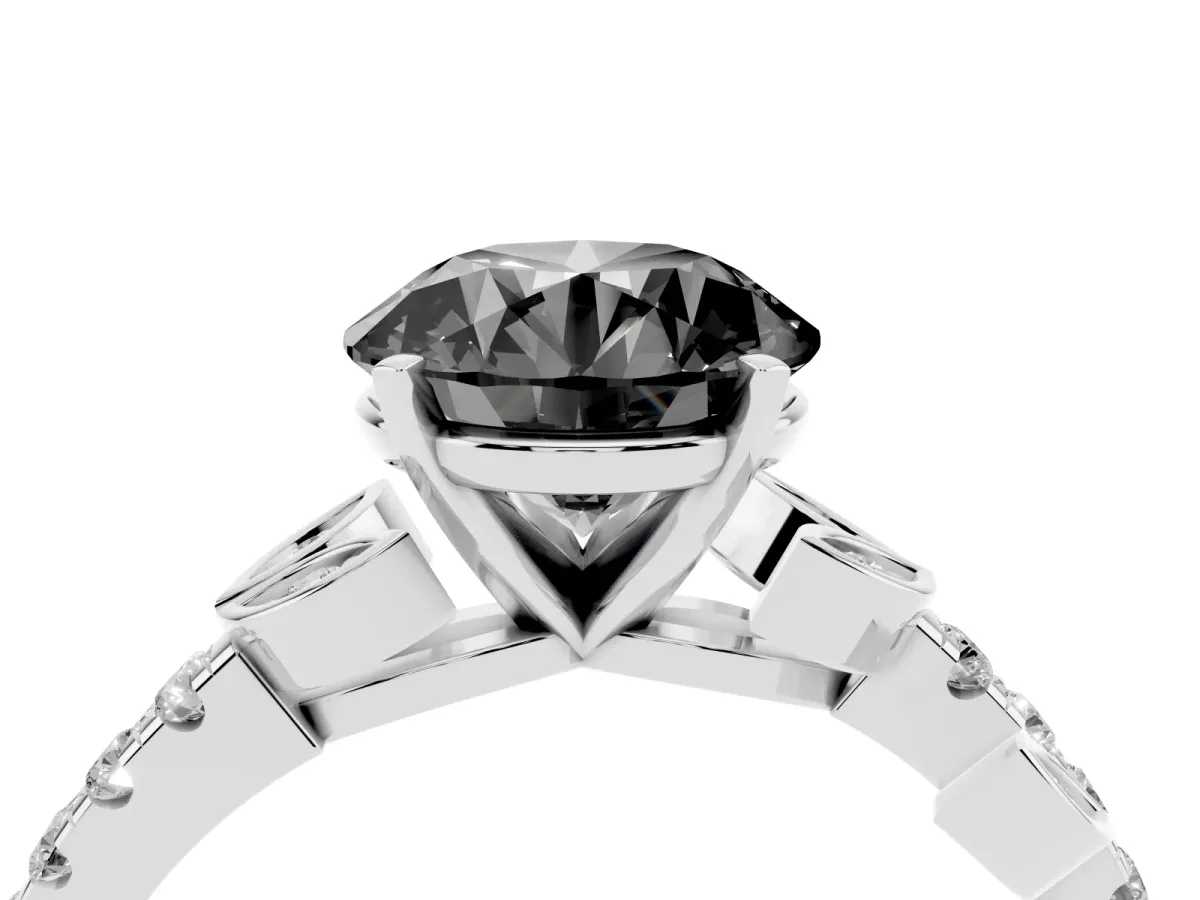 Fancy Black Round Cut Solitaire Leaf-Inspired Diamond Ring with Pavé Band and Four-Prong Setting Silver